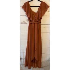 Baltic Born Terracotta Ruffle Maxi Dress Flowy Flutter Sleeve Belted S